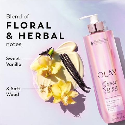 Olay Super Serum Hand & Body Lotion for Dry Skin, 24hr Long Lasting Hydration, 5+ Ingredient Serum Complex for Bright Even Firm Luminous Skin, Sweet Vanilla & Soft Wood Scent, 18.5 fl oz