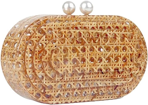 PENGZHI Women Acrylic Rattan Clutch Purse Rattan Woven Evening Bag Wedding Party Purse Summer Beach Wicker Shoulder Handbag, Brown PENGZHI