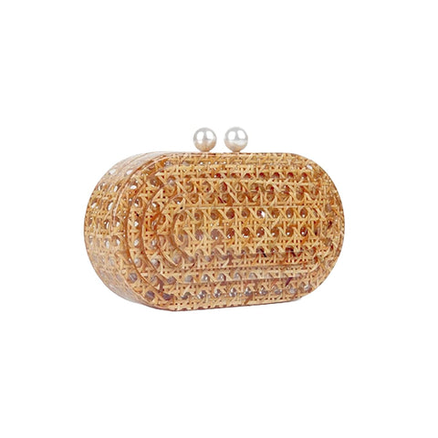 PENGZHI Women Acrylic Rattan Clutch Purse Rattan Woven Evening Bag Wedding Party Purse Summer Beach Wicker Shoulder Handbag, Brown PENGZHI