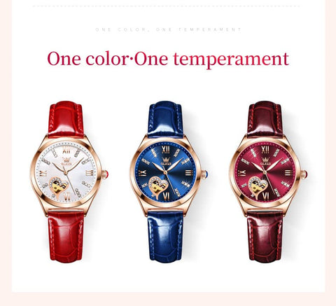 OLEVS Watches for Women Automatic Mechanical Ladies Watch Leather Strap Self-Winding reloj para Mujer Diamond Heart dial Waterproof Luminous red Female Watch Blue OLEVS