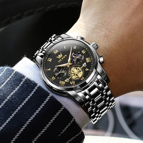 OLEVS Black Watches for Men Casual Fashion Big Face Man Watch Luxury Analog Quartz Men's Wrist Watch Elegant Waterpoof Stainless Steel Multifunction Chronograph Moon Phase Mens Watches