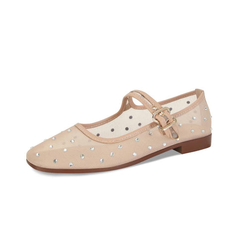 DOEYG Mesh Ballet Flats for Women Rhinestone Mary Jane Flats with Strap Sparkly Square Toe Embellished Flats Shoes Comfortable Casual Dress Ballerina Shoes