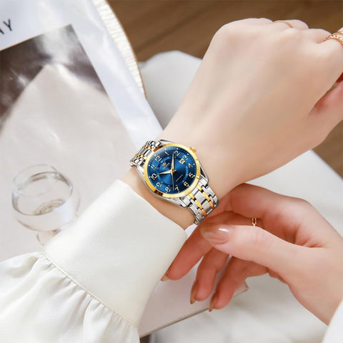 OLEVS Womens Watches Classic Business Two Tone Analog Quartz Female Wristwatch Ladies Luminous Calendar Easy Read Blue Reloj de Mujer