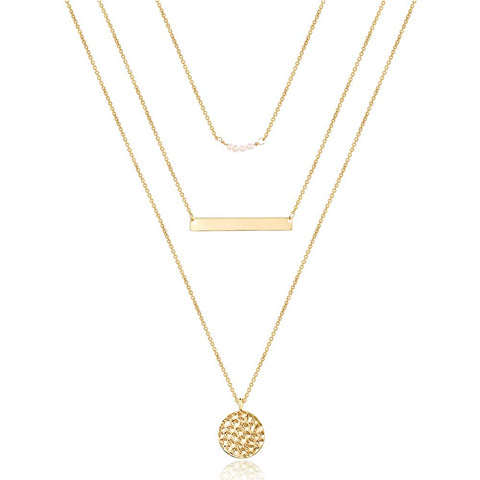 Turandoss Dainty Layering Bar Necklace Hammered Disc Pendant Necklace Simple Layering Plated Choker for Women Turandoss