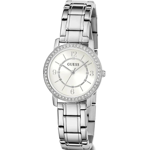GUESS Ladies 28mm Watch - Silver Tone Bracelet Silver Tone Case White Dial GUESS