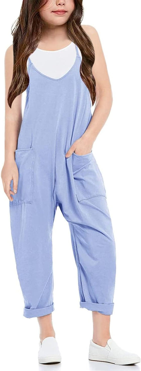 Cnkwei Girls' Casual Sleeveless Jumpsuits Spaghetti Strap Loose Romper Long Pants with Pockets