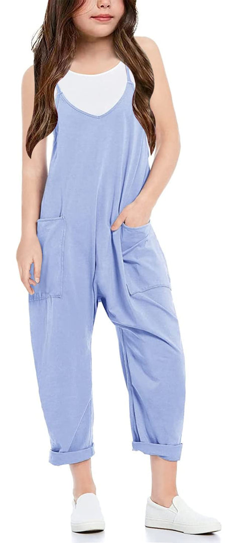 Cnkwei Girls' Casual Sleeveless Jumpsuits Spaghetti Strap Loose Romper Long Pants with Pockets