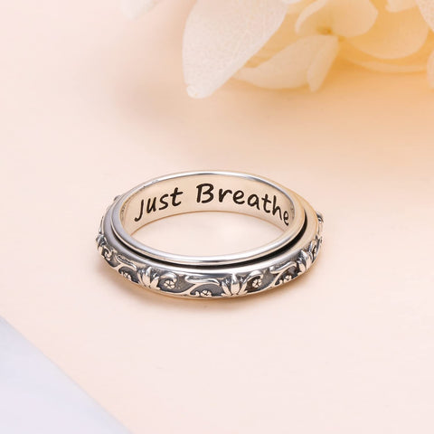 Ladytree Spinner Fidget Ring S925 Sterling Silver Lotus Flower Yoga Just Breathe Anxiety Worry Band Oxidized Fidget Stress Relieving Boredom ADHD Autism Rings for Women Men,Size 8 Ladytree