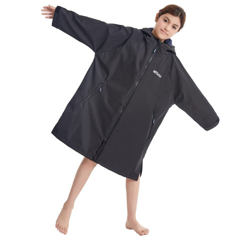 Hiturbo Kids Waterproof Swim Parka: Thin Fleece Swimming Coat - Oversized Swimmer Jacket - Knee Length Swim Team Outfit (9-13Y, Black)
