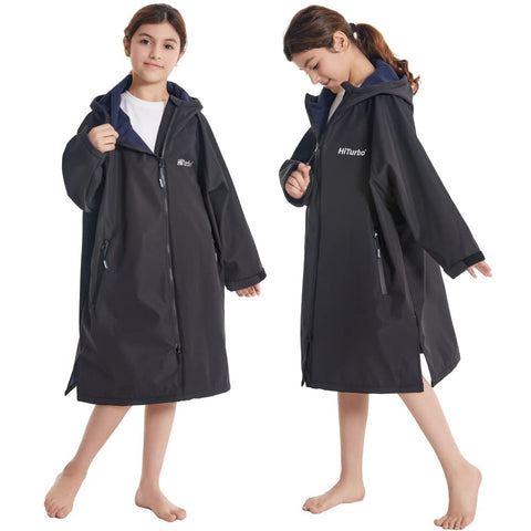 Hiturbo Kids Waterproof Swim Parka: Thin Fleece Swimming Coat - Oversized Swimmer Jacket - Knee Length Swim Team Outfit (9-13Y, Black)