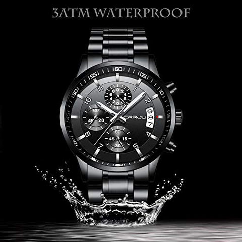 CRRJU Men's Black Watch Fashion Business Chronograph Quartz Wristwatches,Luxury Stainsteel Steel Band Waterproof Watch for Men CRRJU