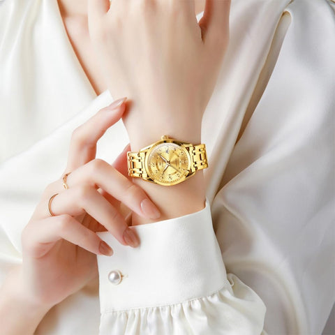 OLEVS Gold Watches for Women Luxury Dress Analog Lady Watch for Ladies Stainless Steel Waterproof Luminous Elegant Female Wrist Watch