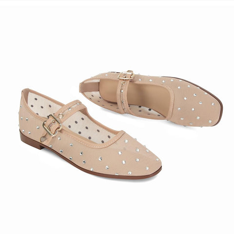 DOEYG Mesh Ballet Flats for Women Rhinestone Mary Jane Flats with Strap Sparkly Square Toe Embellished Flats Shoes Comfortable Casual Dress Ballerina Shoes