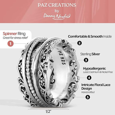 Paz Creations 925 Sterling Silver Spinner Ring/Fidget Ring/Anxiety Ring - 925 Sterling Silver Rings for Women, Stylish Boho Ring (Sterling Silver, Size 9) PZ