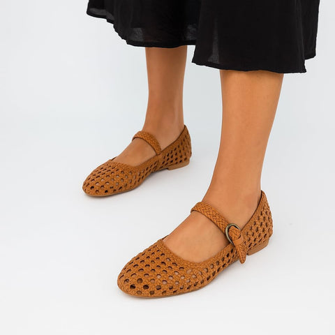 CUSHIONAIRE Weston Women’s Hand Woven Dressy Ballet Flats – Faux Leather Mary Jane with Adjustable Strap & Memory Foam, COGNAC 7
