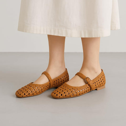 CUSHIONAIRE Weston Women’s Hand Woven Dressy Ballet Flats – Faux Leather Mary Jane with Adjustable Strap & Memory Foam, COGNAC 7