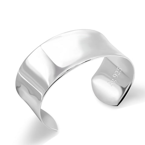 Dankadi Women 925 Sterling Silver Curved Bangle 30MM Wide Grooved Cuff Bangle Girls Shiny Punk Open Bracelet Adjustable Plated 24k Gold/Rose Gold Jewelry Gift (Silver, Adjustable) Dankadi