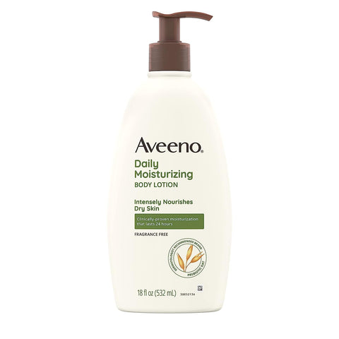 Aveeno Daily Moisturizing Body Lotion, Body Lotion for Dry Skin with Prebiotic Oat, Paraben Free, Fragrance Free, Non-Greasy, Non-Comedogenic Moisturizer, 18 FL OZ Aveeno