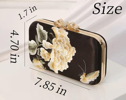 AININTON Women Embroidered Bag Silk Shoulder Bag Black Handbag Rectangle Crossbody Bag with Pearl Chain for Wedding Party Banquet AININTON