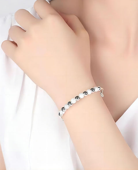 Kim Carrey S925 Silver Bangle Bracelet for Women, Elegant Women‘s Sterling Silver Bracelet Bangle Adjustable 6.4-7.8 inches Small Size (Frosted and Smooth Beads) Kim Carrey