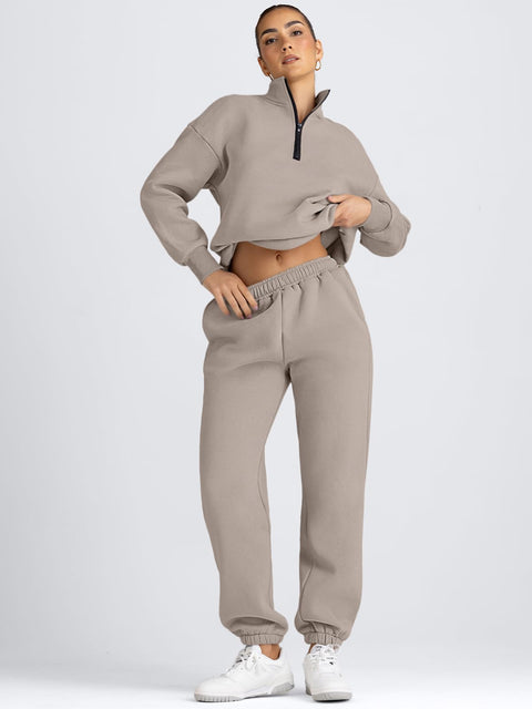 AUTOMET Women's Sweatsuits 2 Piece Outfits Lounge Sets Long Sleeve Half Zip Pullover and Baggy Sweatpants with Pockets CoffeeGrey S