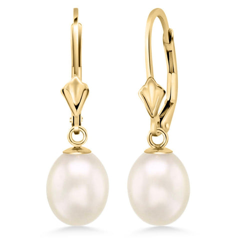 Gem Stone King 14K Gold 9MM Cultured Freshwater Pearl Dangle Earrings For Women | Leverback Gold Drop Earrings | Fine Jewelry Gifts for Her Mom Women Wife
