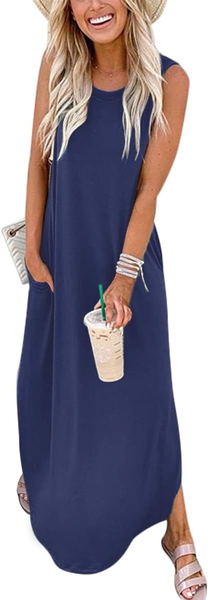 ANRABESS Women Casual Loose Sundress Sleeveless Split Maxi Long Beach Shirt Dress Travel Vacation 2025 Summer Outfits Blue Large ANRABESS