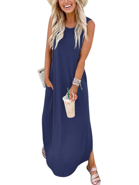 ANRABESS Women Casual Loose Sundress Sleeveless Split Maxi Long Beach Shirt Dress Travel Vacation 2025 Summer Outfits Blue Large ANRABESS