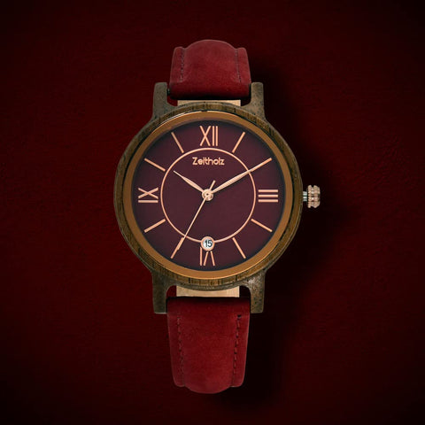 Zeitholz Wooden Watch Women, Wooden Watch, Gifts, Analog Watch, Date, New Rosenbach Collection 36mm, Natural Wood, Japanese Quartz Movement, Leather Strap. (Rubi) Zeitholz