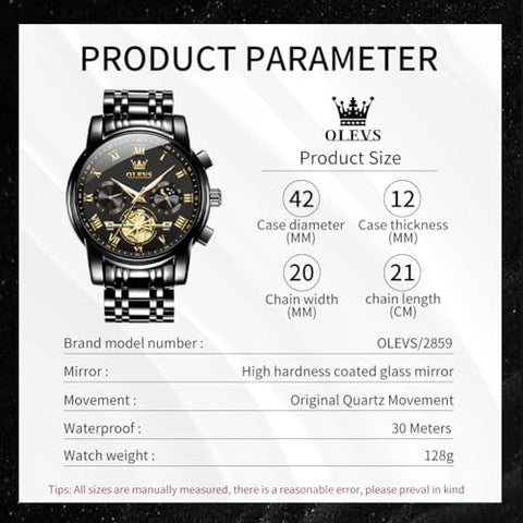 OLEVS Black Watches for Men Casual Fashion Big Face Man Watch Luxury Analog Quartz Men's Wrist Watch Elegant Waterpoof Stainless Steel Multifunction Chronograph Moon Phase Mens Watches