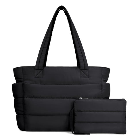 TOPDesign Puffer Tote Bag for Women, Lightweight Puffy Handbag with Compartments & Cosmetic Bag, Quilted Shoulder Bags for Work, Travel, Gym, Gifting (M Black)