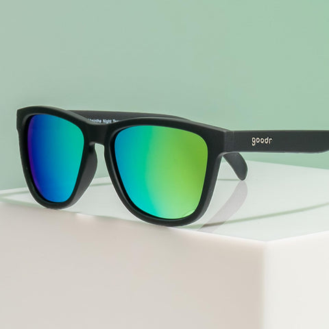 goodr Vincent's Absinthe Night Terrors Polarized Sunglasses for Men & Women, Medium Sized (OG), Black Solid Frame with Green Gold Mirrored Reflective Lenses, UV400 Protection, No Slip, No Bounce