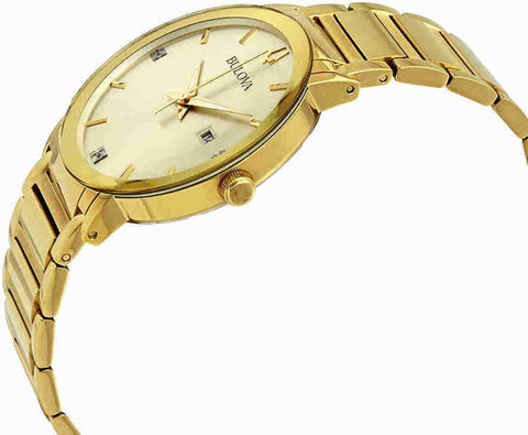 Bulova Men's Modern Gold Tone Stainless Steel 3-Hand Calendar Date Quartz Watch, Black Dial with Diamonds Style: 97D115 Bulova