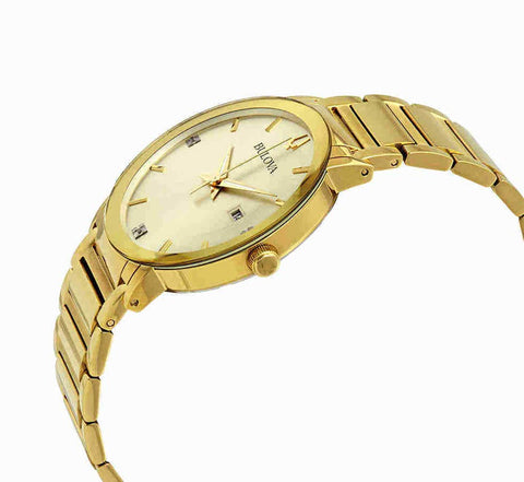 Bulova Men's Modern Gold Tone Stainless Steel 3-Hand Calendar Date Quartz Watch, Black Dial with Diamonds Style: 97D115 Bulova