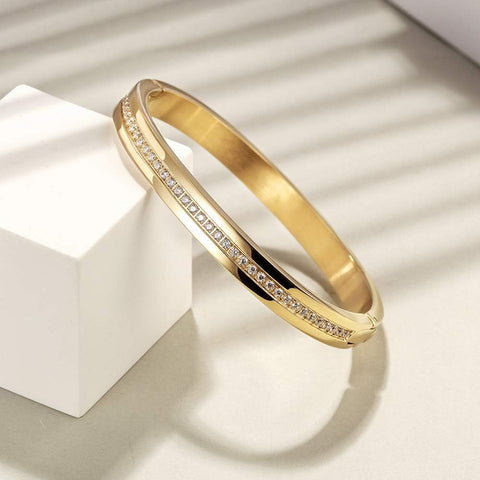 Cuff Bracelet with CZ for Women Stainless Steel Metal and Spring-Clasp Gold Silver Black Plated Chunky Cuff Bangle Jewelry for Girls Gift (CZ Gold) Jinbaoying