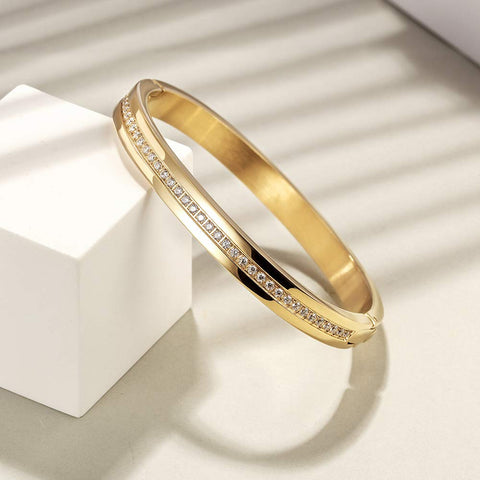 Cuff Bracelet with CZ for Women Stainless Steel Metal and Spring-Clasp Gold Silver Black Plated Chunky Cuff Bangle Jewelry for Girls Gift (CZ Gold) Jinbaoying