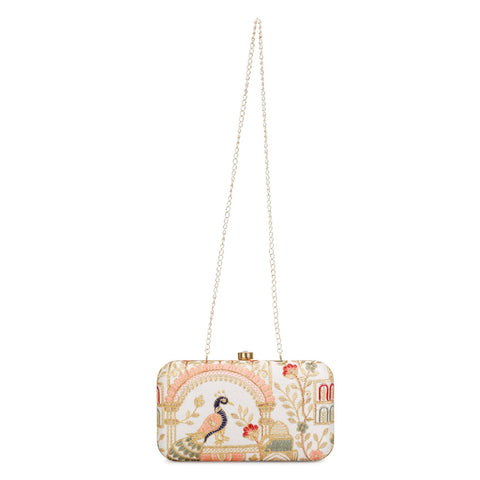 LONGING TO BUY Hand Crafted Designer Box Clutch For Women, Zari Embroidery Clutch For Women/Hand Clutch For Women (Cream-2) LONGING TO BUY