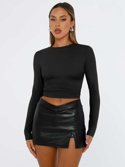Trendy Queen Womens Long Sleeve T Shirts Fall Fashion 2025 Basic Crop Tops Going Out Workout Outfits Y2k Clothes Black S