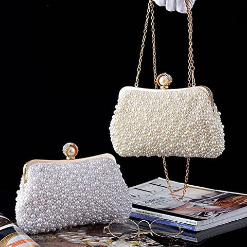 ASPHODELCHIC Women Pearl Evening Bag Bride Beaded Clutch Purse Cream White for Wedding Party (Ivory white) Small ASPHODELCHIC