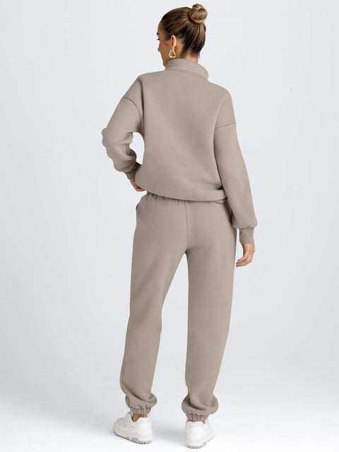 AUTOMET Women's Sweatsuits 2 Piece Outfits Lounge Sets Long Sleeve Half Zip Pullover and Baggy Sweatpants with Pockets CoffeeGrey S