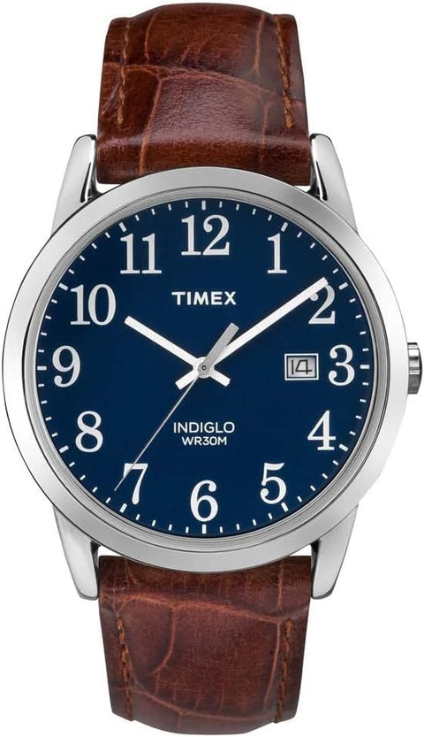 Timex Men's Easy Reader 38mm Watch – Silver-Tone Case Blue Dial with Brown Croco Leather Strap