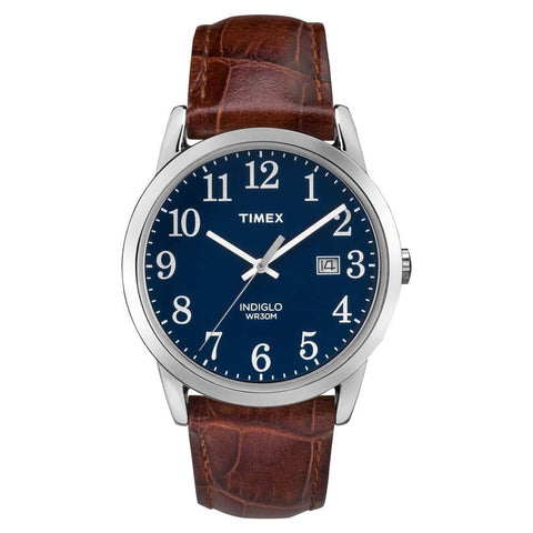 Timex Men's Easy Reader 38mm Watch – Silver-Tone Case Blue Dial with Brown Croco Leather Strap
