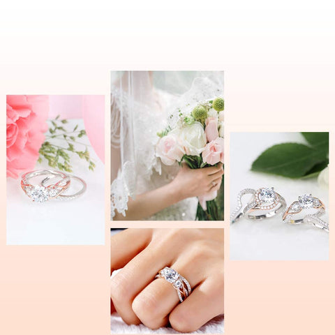 Jeulia Two Tone Rings for Women Rose Gold Three Stone Round Cut Engagement Rings Sterling Silver Halo Bridal Ring Set Anniversary Promise Wedding Ring with Jewelry Gift Box (8) Jeulia