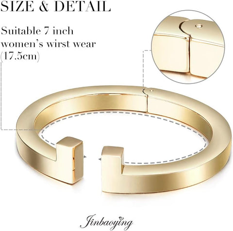 Cuff Bracelet with CZ for Women Stainless Steel Metal and Spring-Clasp Gold Silver Black Plated Chunky Cuff Bangle Jewelry for Girls Gift (Gold) Jinbaoying