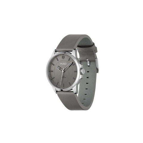 HUGO #First Men's Quartz Stainless Steel and Leather Strap Casual Watch, Color: Grey (Model: 1530185) HUGO
