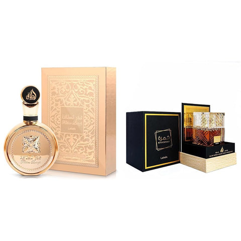 Lattafa Fakhar Gold Extrait Eau de Perfume Spray, 3.4 Ounce and Khamrah Eau de Parfum Spray, 3.4 Ounce Fragrance Bundle for Women and Men Lattafa