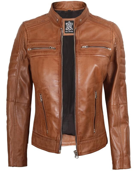 Decrum Brown Leather Jacket Women - Womens Leather Jacket | [1313714] Brown Cafe Racer, L