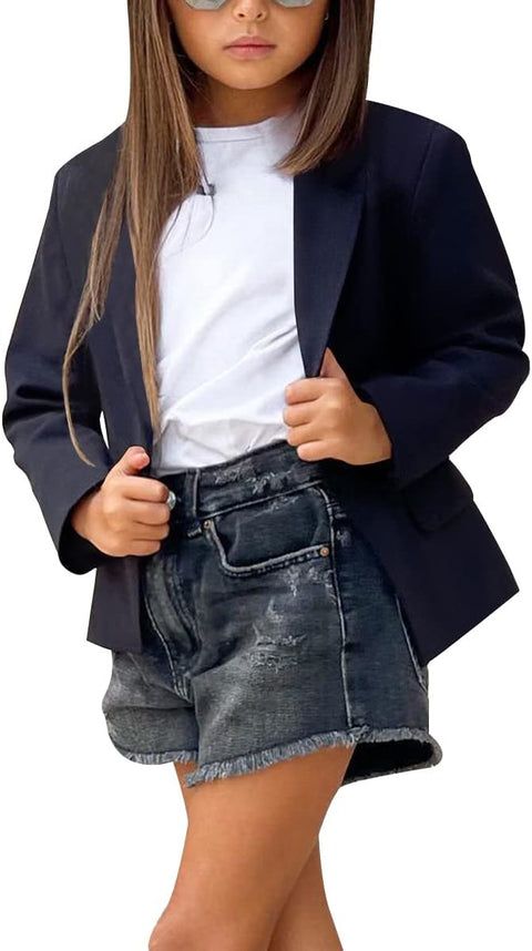 Girls Solid Color Lapel Suit Coat Button Down Long Seelve Blazer Jacket Black
