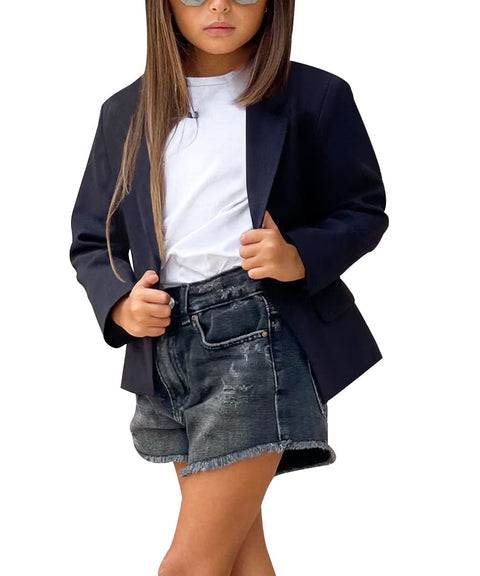 Girls Solid Color Lapel Suit Coat Button Down Long Seelve Blazer Jacket Black