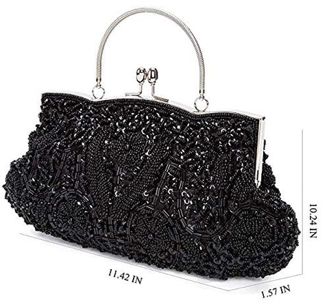 EROUGE Beaded Sequin Design Flower Evening Purse Large Clutch Bag (Black) EROUGE